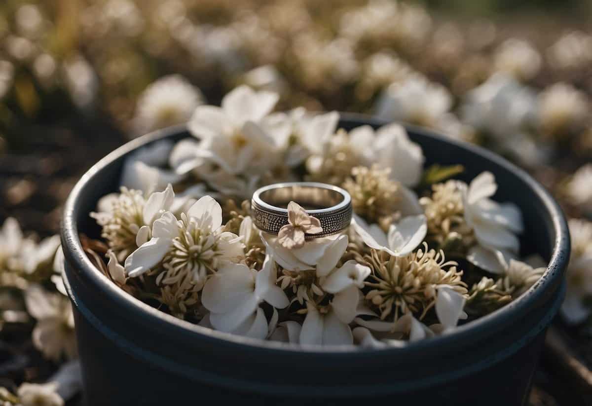 A wedding ring discarded in a trash can, surrounded by wilted flowers and torn invitations