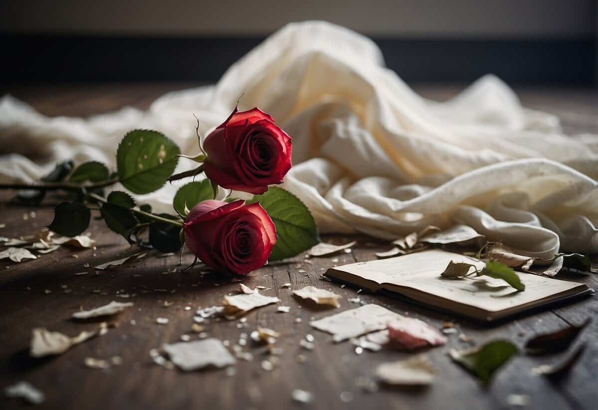 The scene is a cluttered room with a wedding dress discarded on the floor, a torn photo album, and a single wilted rose, capturing the emotional aftermath of a regretful wedding day