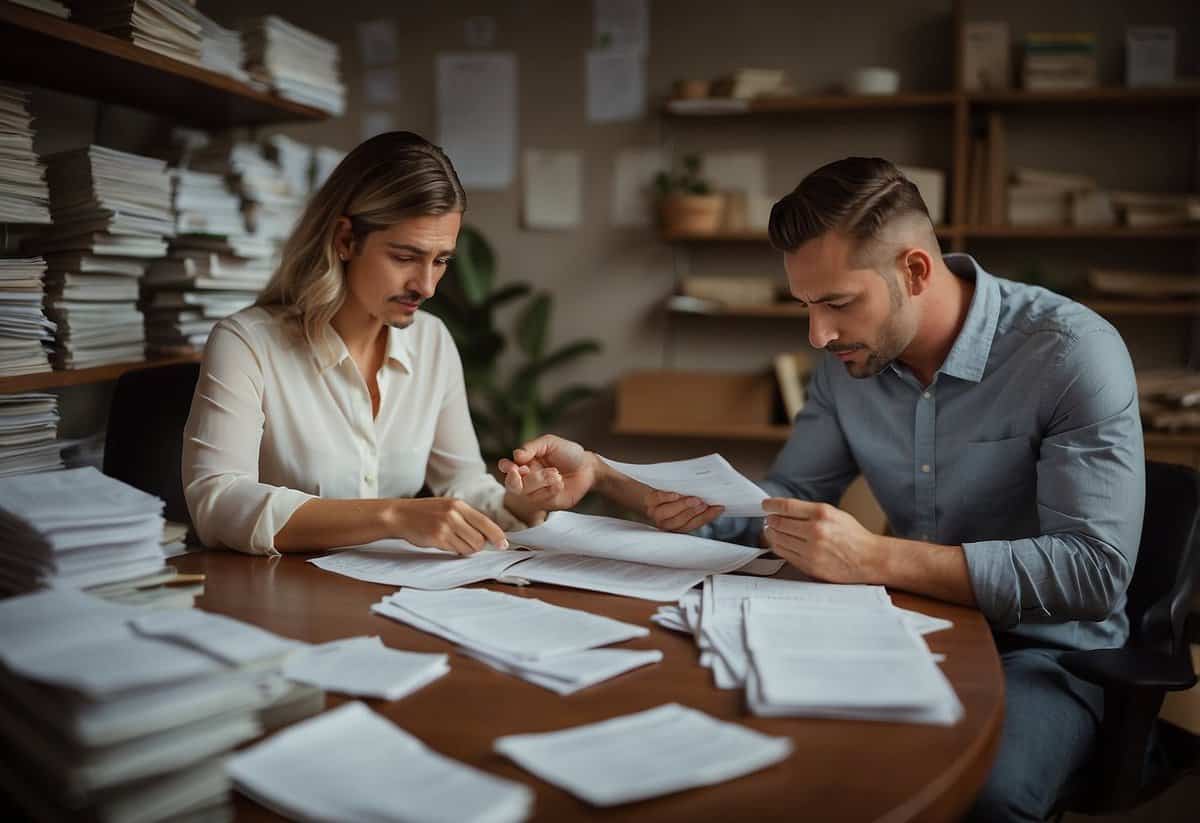 A couple sits at a table, surrounded by stacks of bills and a calendar, looking stressed and overwhelmed as they discuss their wedding budget and planning
