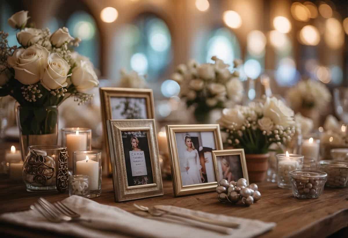 A table scattered with handmade decorations, a wall adorned with personalized photos, and a display of unique wedding favors