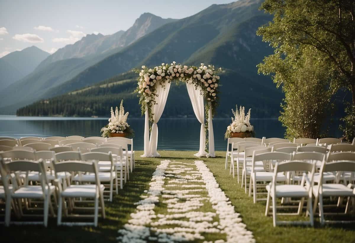 A beautiful outdoor wedding ceremony with a floral arch, rows of white chairs, and a scenic backdrop of mountains and a serene lake