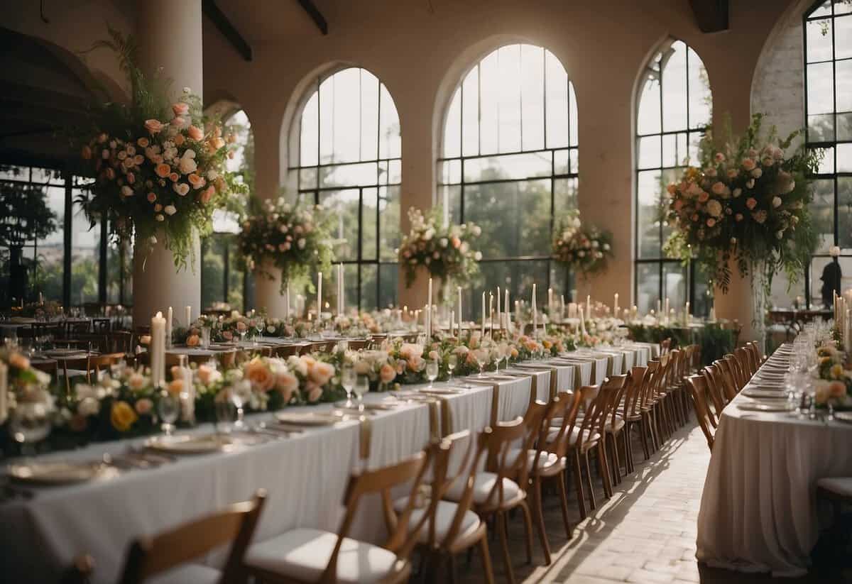 Family and friends decorate a wedding venue with flowers and ribbons, set up tables and chairs, and prepare food and drinks
