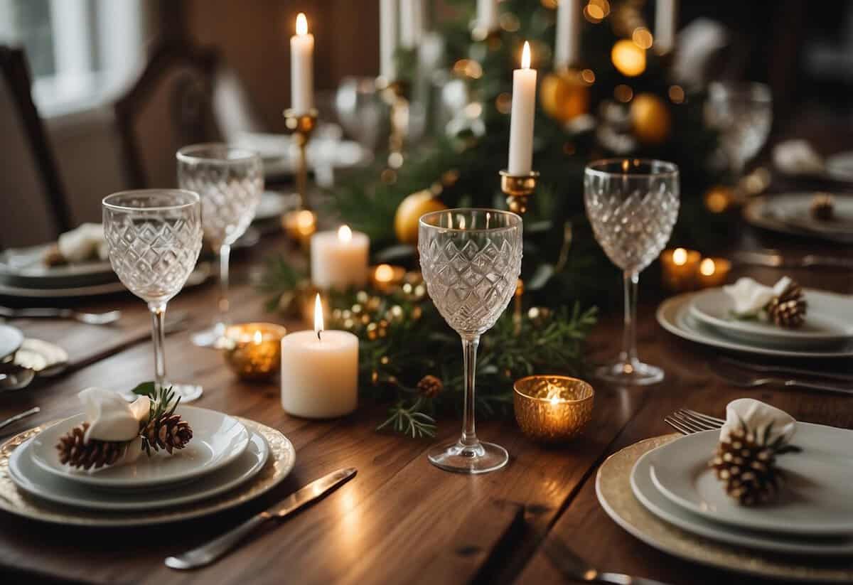 A festive table set with elegant decor and place settings, surrounded by friends and family laughing and toasting in celebration