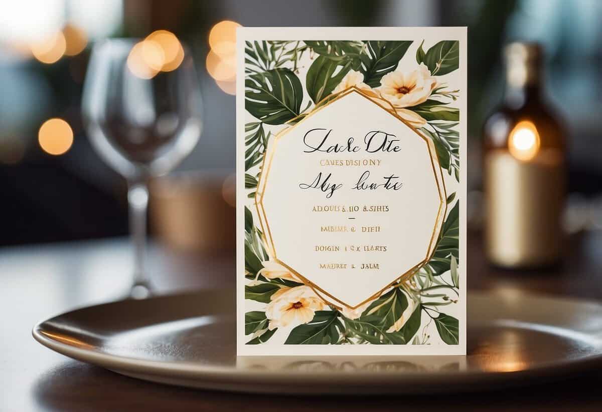 A save-the-date card with a clear "adults-only" message. A calendar with the event date circled. A playful and elegant design