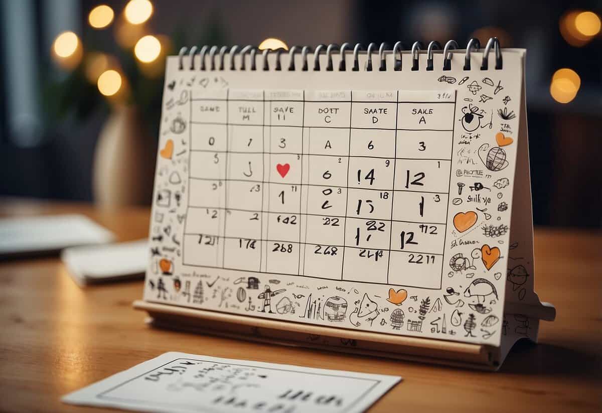 A calendar with a heart-shaped date circled, surrounded by playful child-like drawings and the words "Save the Date" in bold, whimsical font