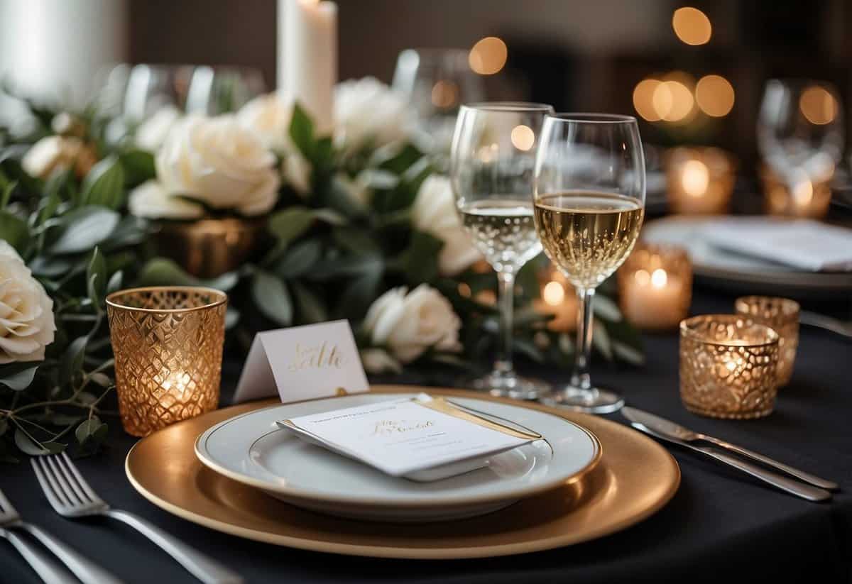 A table with elegant place settings and a "Save the Date" card prominently displayed, surrounded by sophisticated decor and adult-themed invitations