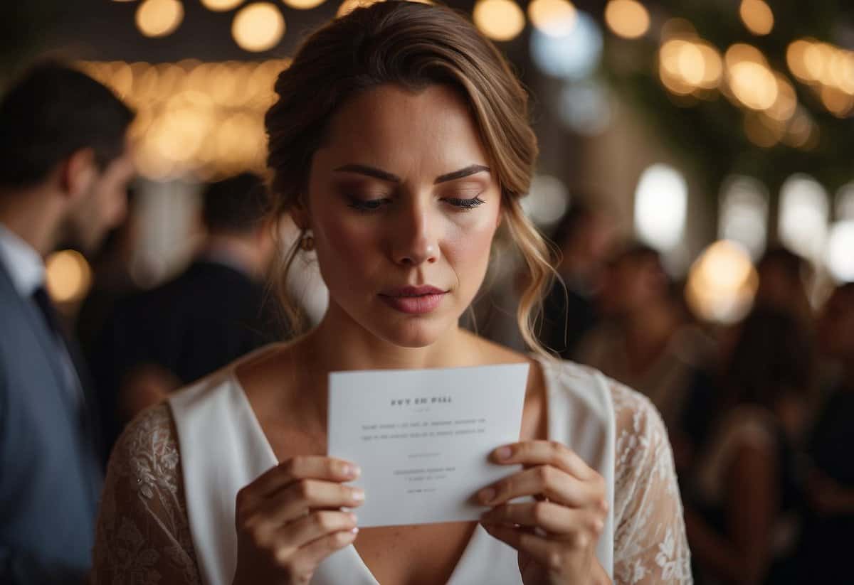 A person reads a wedding invitation with a concerned expression, pondering their options without a plus one