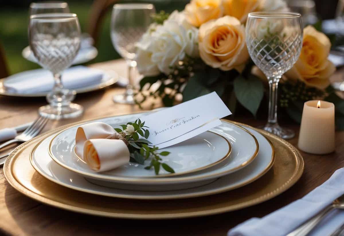 A table set for two with elegant place settings, a bouquet of flowers, and a wedding invitation with only one name on it