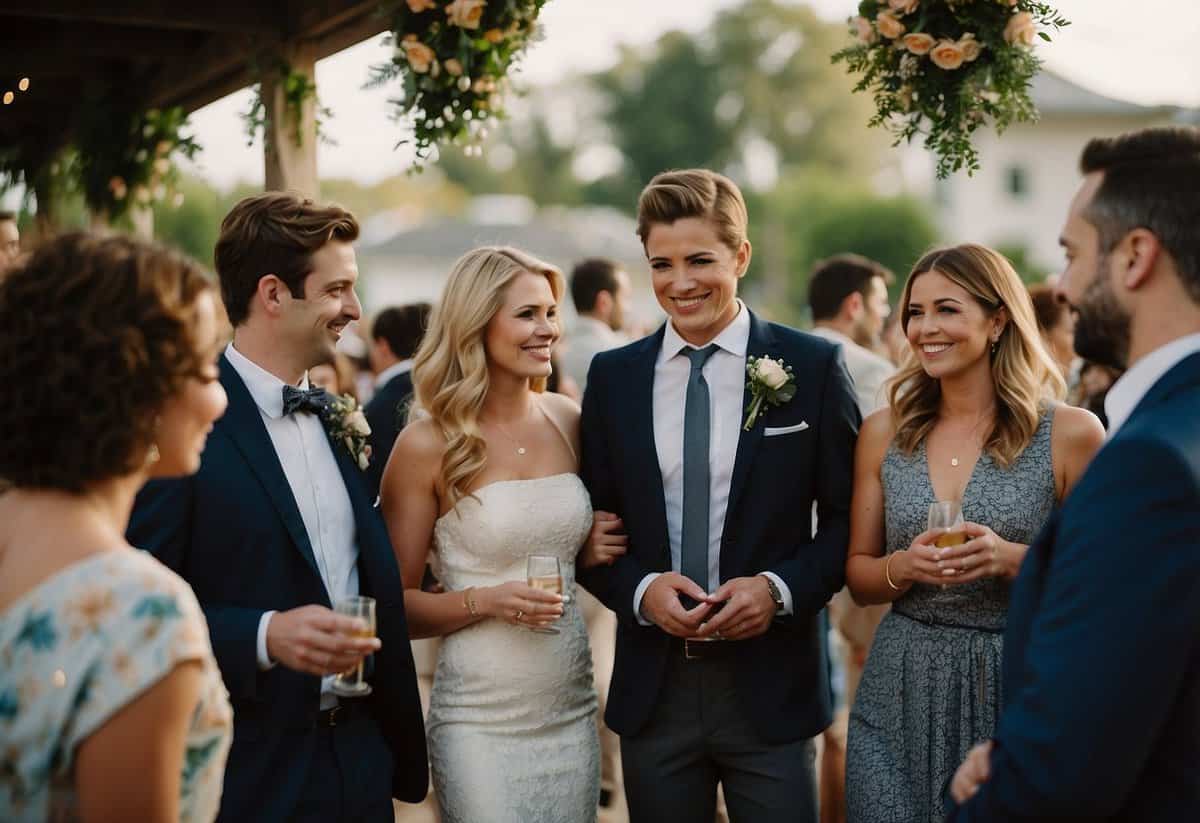 Guests mingle, chat, and exchange contact info at a wedding. Some without plus ones make new connections