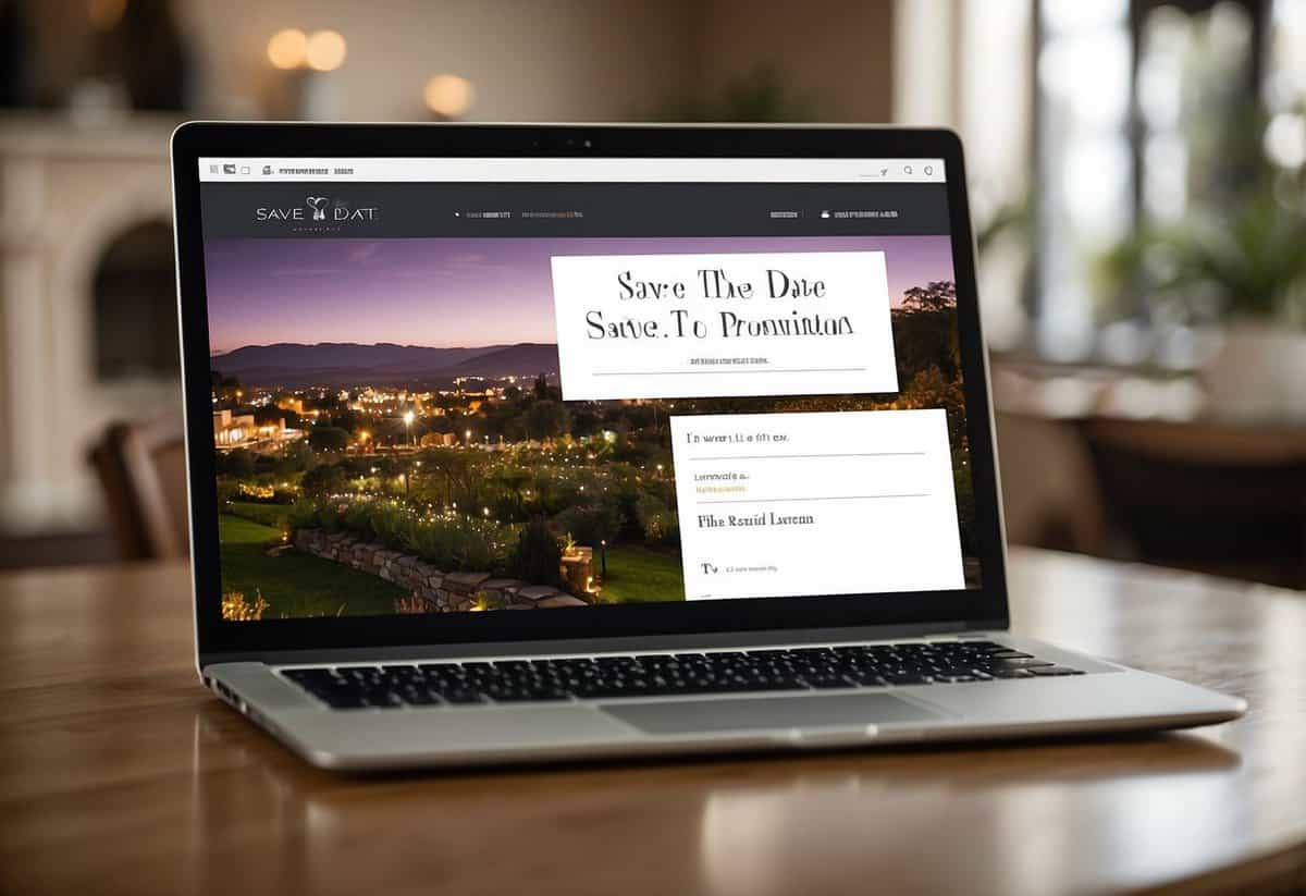 A laptop displaying a wedding website with "Save the Date" prominently featured. Various tabs open with RSVP, registry, and venue information