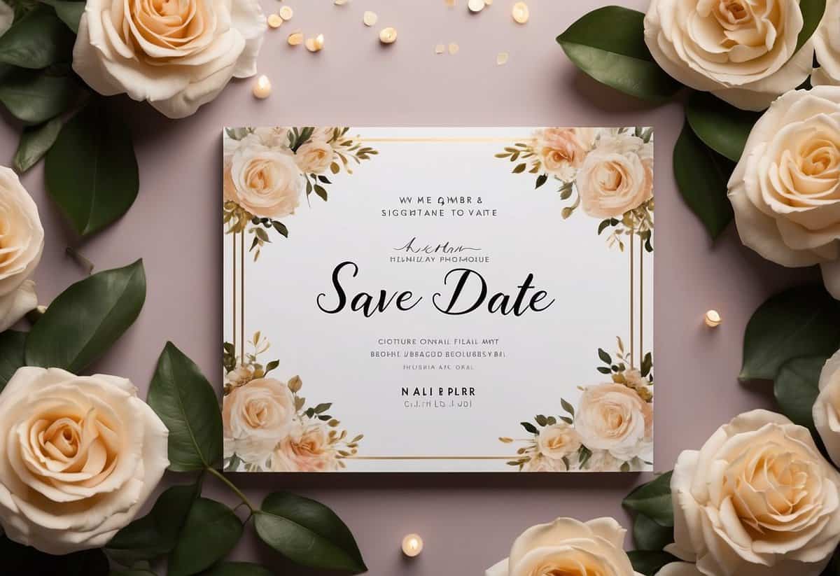 A save-the-date card with a wedding website URL displayed prominently. Floral or elegant design elements surround the text