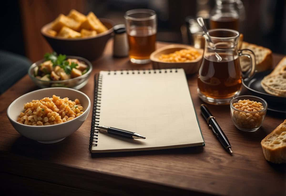 A table with a blank menu template, surrounded by various food options, a pen, and a notepad for jotting down ideas