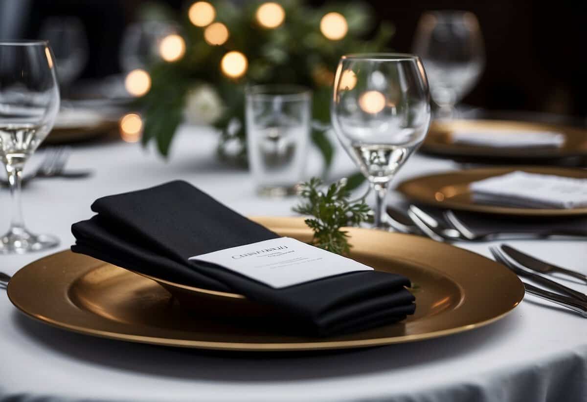 Tables set with elegant place settings, menus displayed. Staff in black tie attire coordinate final details