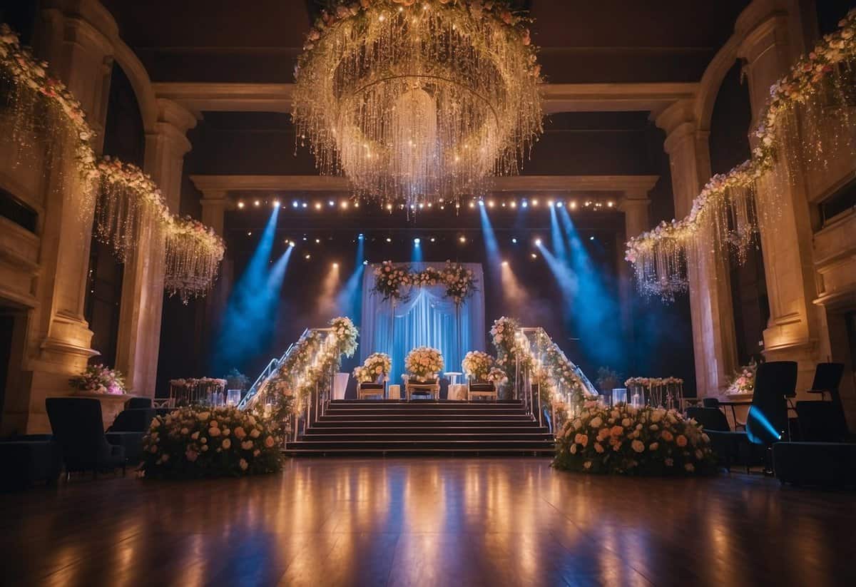 Colorful decorations fill a grand hall with flowers, lights, and elegant drapery. A live band plays music on a stage adorned with twinkling lights