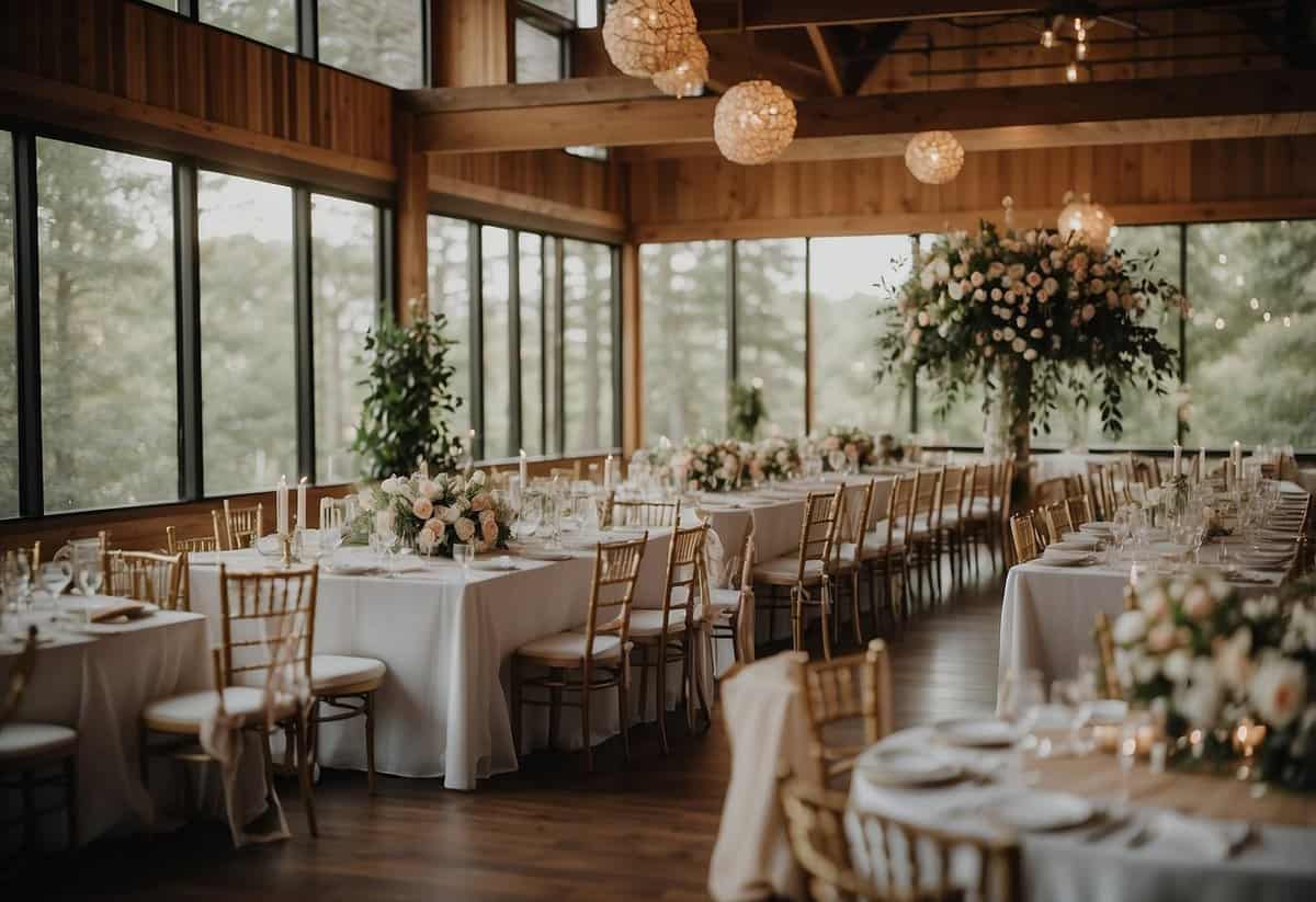 A small wedding with few guests, empty chairs, and a simple decor. The space feels empty, lacking energy and excitement