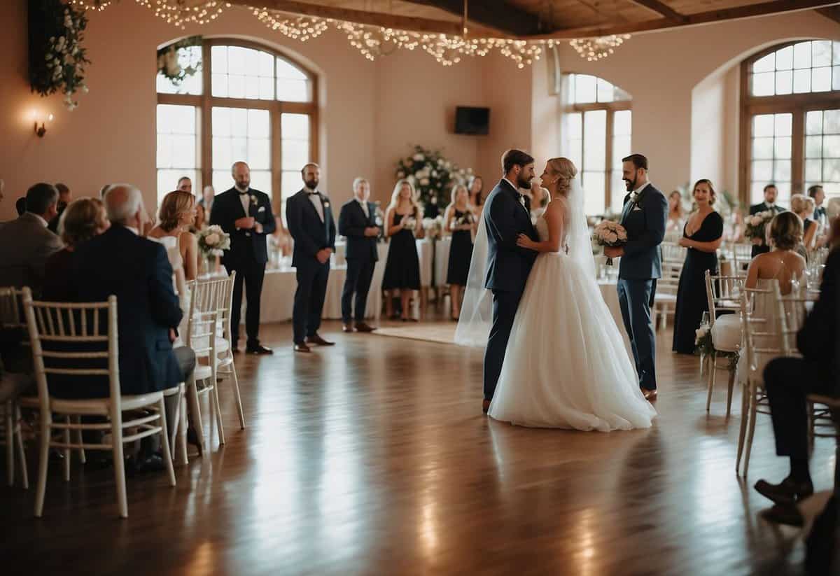 A small wedding with few guests, empty chairs, and a small dance floor. The lack of a big crowd and grandeur may lead to feelings of intimacy and closeness