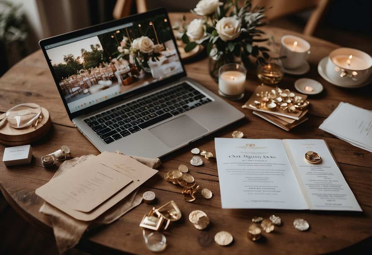 A cluttered table with scattered craft supplies and a half-finished wedding invitation. An open laptop displays a Pinterest board filled with DIY wedding ideas