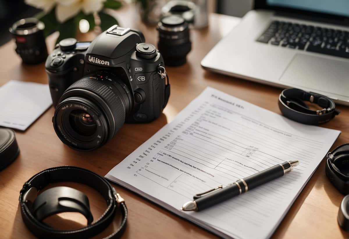 A wedding photographer's desk with camera gear, a schedule, and a list of shot requirements for a 5-hour wedding