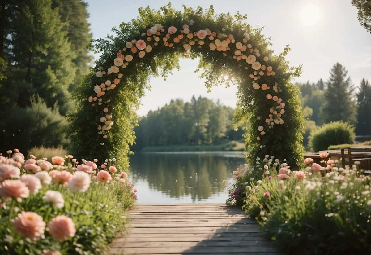 A picturesque outdoor wedding with vibrant flowers, a rustic archway, and a serene pond