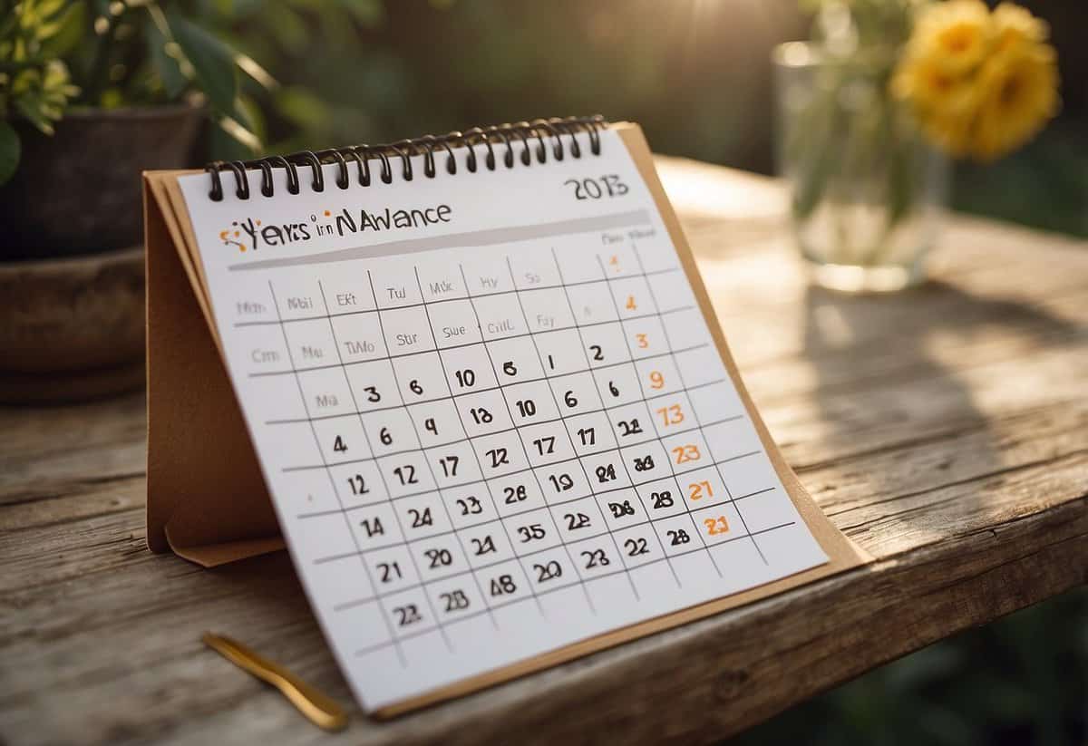 A calendar with "2 years in advance" marked on a wedding date. A checklist of planning tasks and deadlines surrounds the calendar