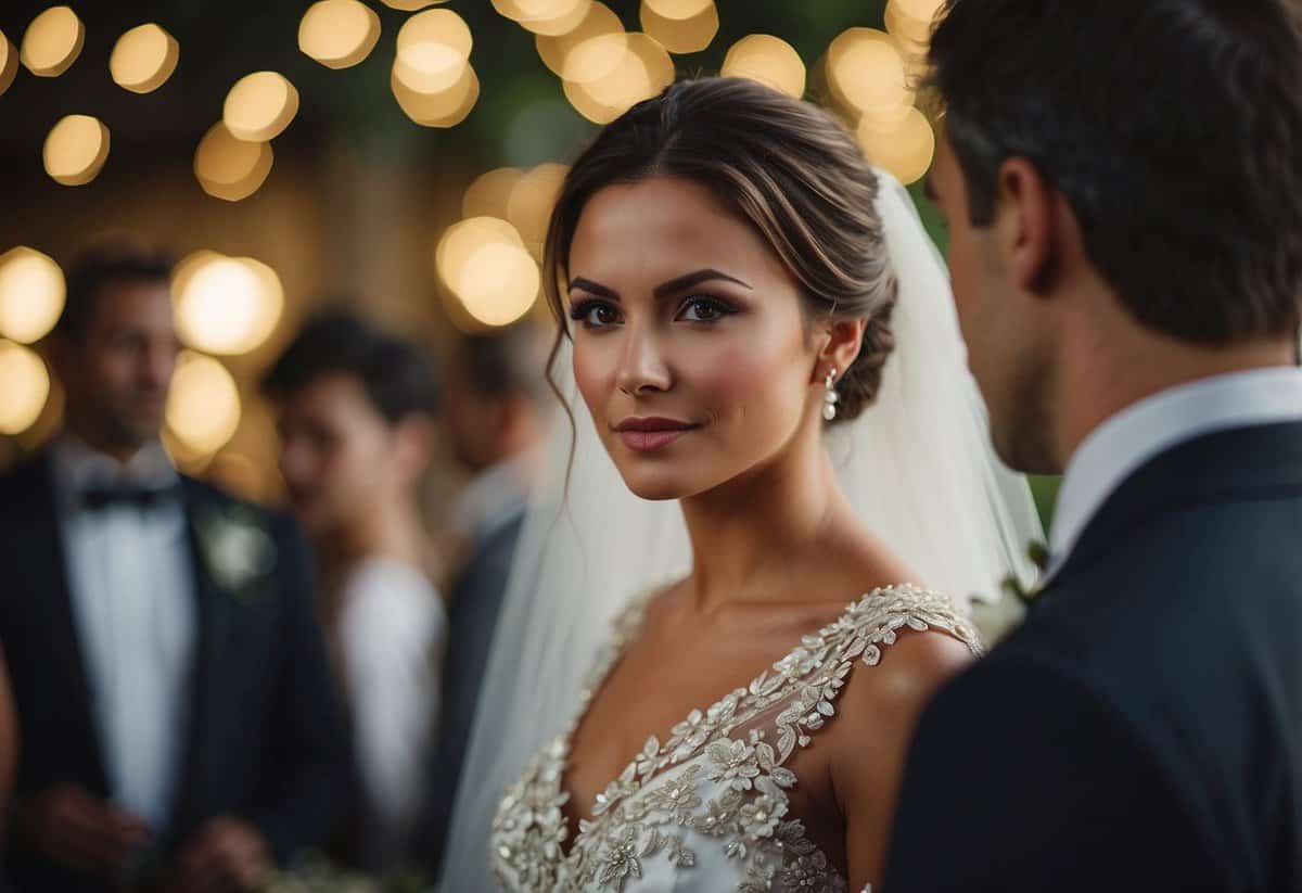 The bride gazes at the groom's attire