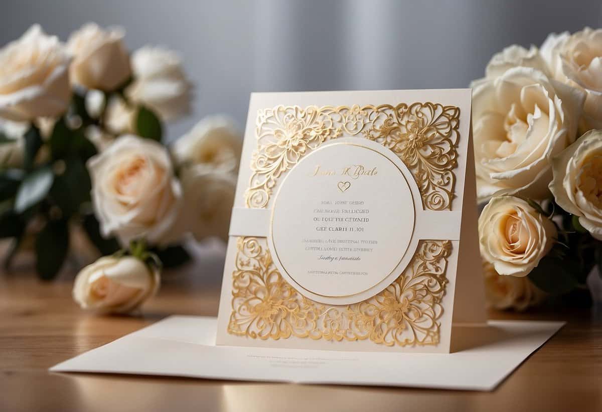 A wedding invitation with a blank space for the guest's name, surrounded by elegant floral designs and a touch of gold foil