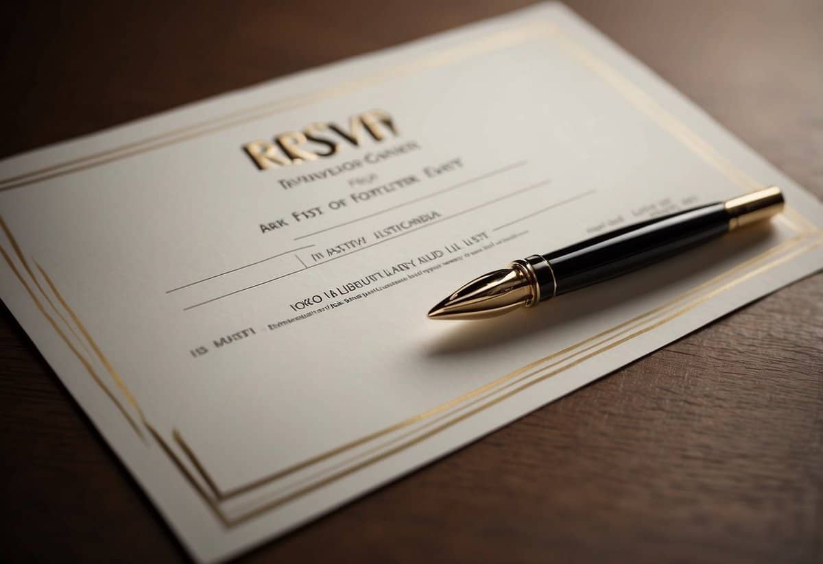 A pen hovers over a blank RSVP card, with options to include or exclude oneself from the wedding guest list. A decision awaits