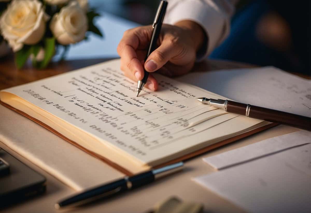 A pen hovers over a wedding guest list, checking off names and adding final details
