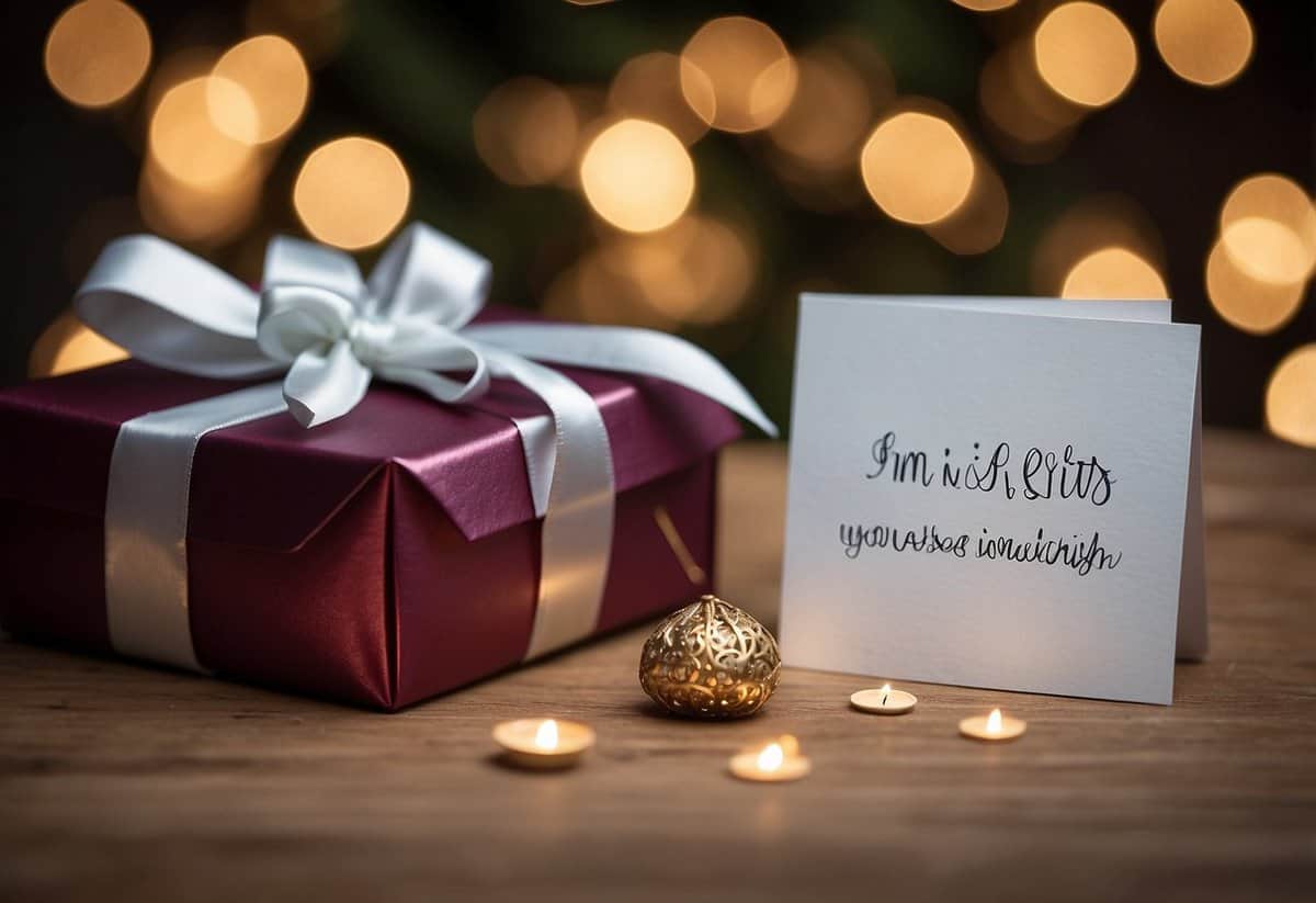 A gift box with a bow sits next to a card reading "In lieu of gifts, your presence is present enough." A small envelope labeled "Donations" is nearby
