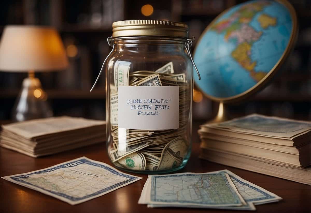 A jar labeled "Honeymoon Fund" sits on a table, surrounded by travel brochures and a map. Guests drop money into the jar