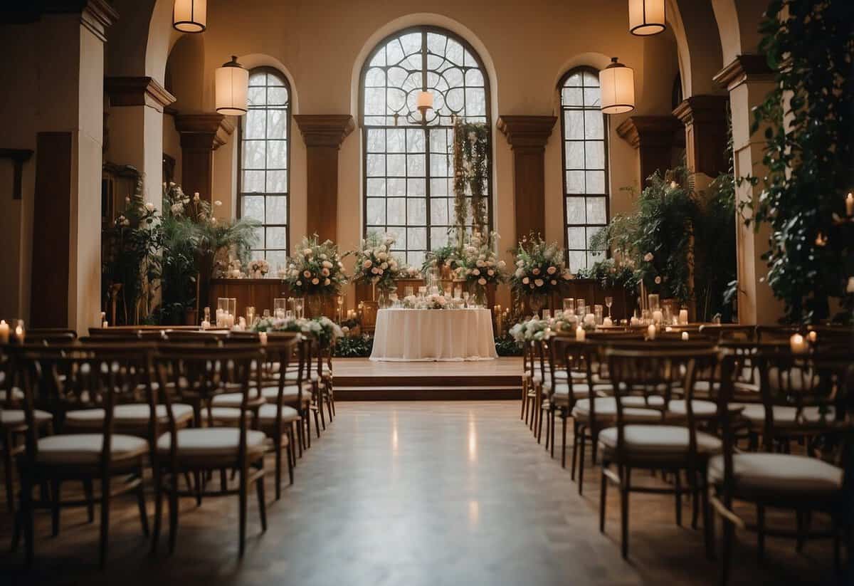 A small intimate setting with a few chairs and a simple altar, contrasted with a large, extravagant reception hall filled with tables, decorations, and guests celebrating