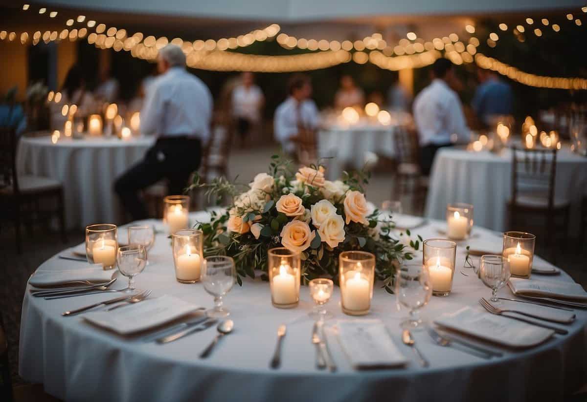 A small intimate ceremony with a big, festive reception. Tables adorned with flowers, twinkling lights, and a dance floor