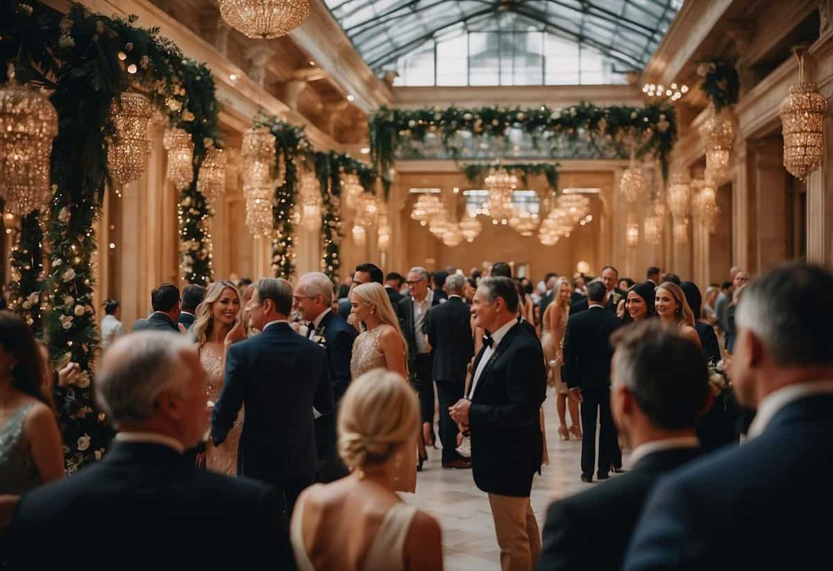Guests mingling at a grand reception, with elaborate decorations and a festive atmosphere