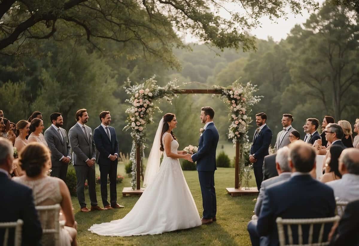 A small intimate ceremony with a couple exchanging vows in a picturesque outdoor setting, followed by a grand reception with a large banquet hall, elegant decorations, and lively entertainment