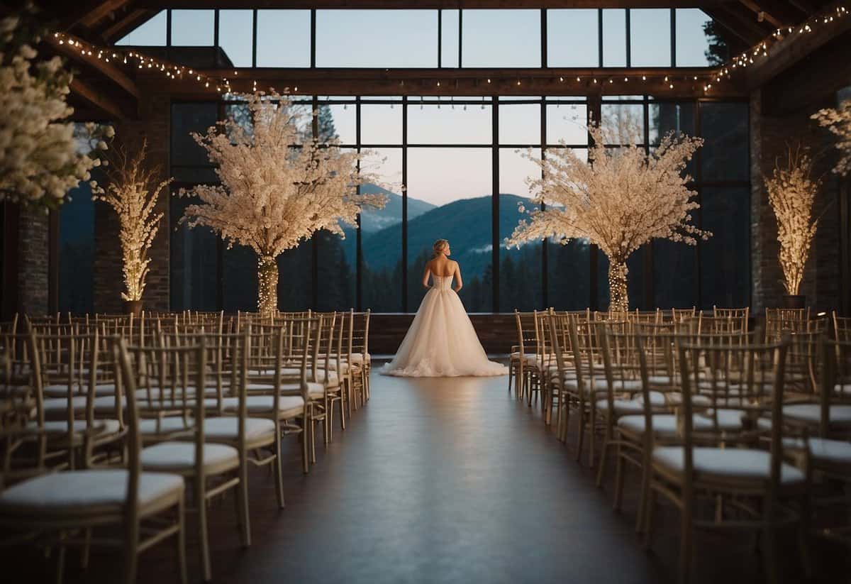 A beautifully decorated wedding venue with empty chairs and a lone figure standing in the distance, contemplating the decision to not attend