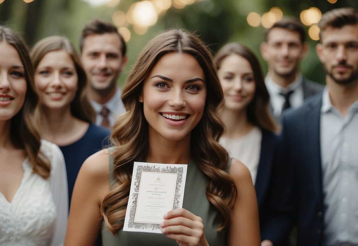 A person holding a wedding invitation, surrounded by friends with questioning expressions