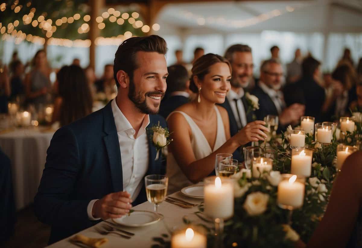 Guests mingle, music plays, and laughter fills the air at a wedding reception. Tables are adorned with flowers and candles, creating a warm and inviting atmosphere