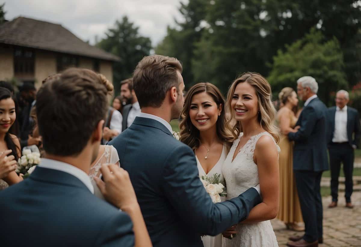 Guests gather in a wedding venue, some hugging and chatting, while others quietly slip away without saying goodbye. The atmosphere is bittersweet, with a mix of joy and sadness lingering in the air