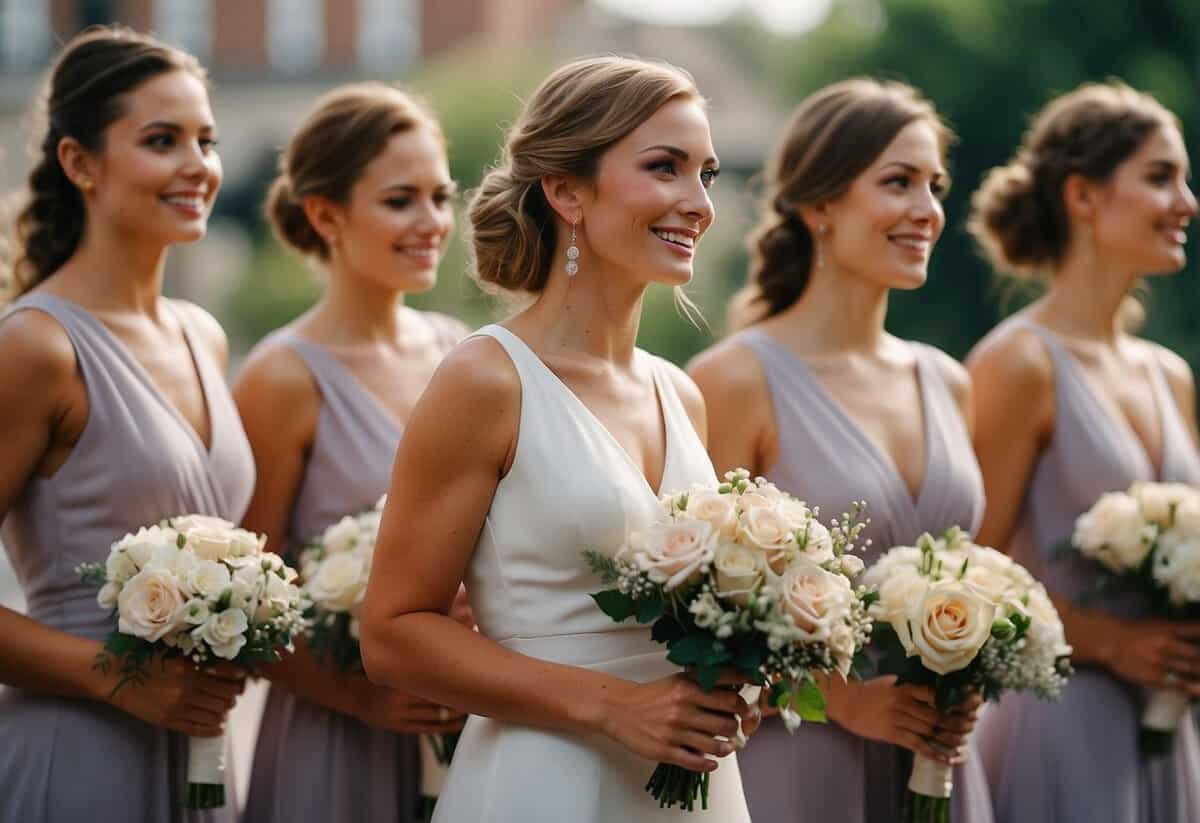 A group of bridesmaids stands together, each holding a bouquet, in front of a crowd of 100 guests