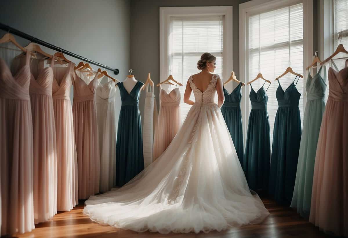 A bride counting out 10 bridesmaid dresses for 100 guests