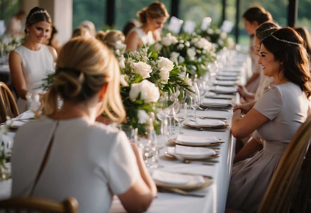 A group of bridesmaids arranging seating for 100 guests, placing name cards and decorations on tables