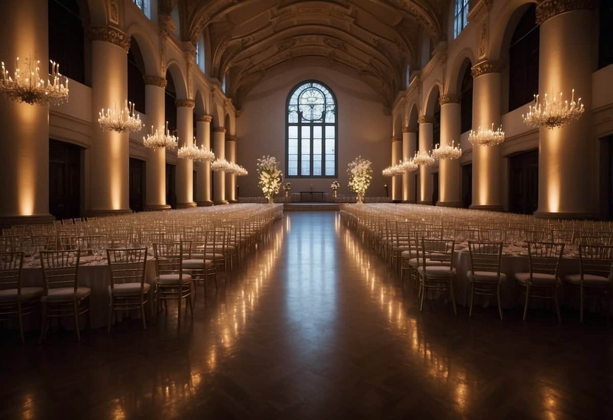 A grand hall with 50 empty chairs arranged in neat rows, adorned with elegant floral centerpieces and soft candlelight casting a warm glow