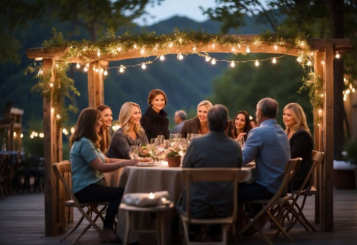 A cozy outdoor setting with string lights, a rustic wooden arch, and a small gathering of 50 guests seated at intimate, decorated tables