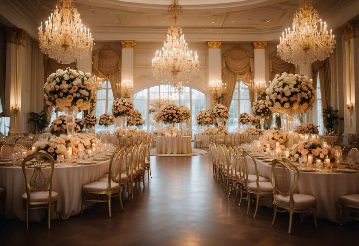 A lavish ballroom filled with opulent floral arrangements, crystal chandeliers, and a grand, tiered wedding cake adorned with gold leaf and intricate sugar flowers