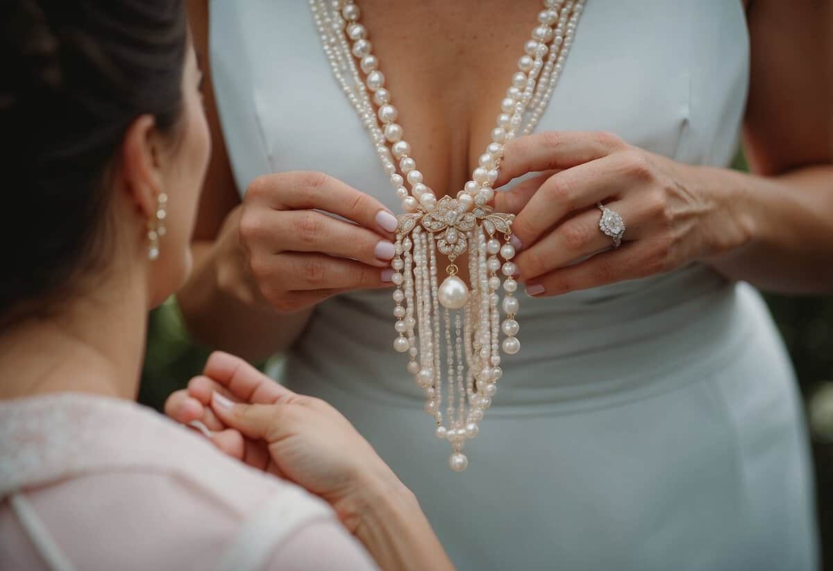 The mother of the groom presents a delicate pearl necklace to the bride