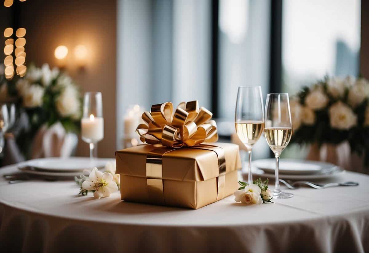 A beautifully wrapped gift sits on a table, surrounded by elegant decorations and flowers. The room is filled with laughter and joy as guests celebrate the newlyweds
