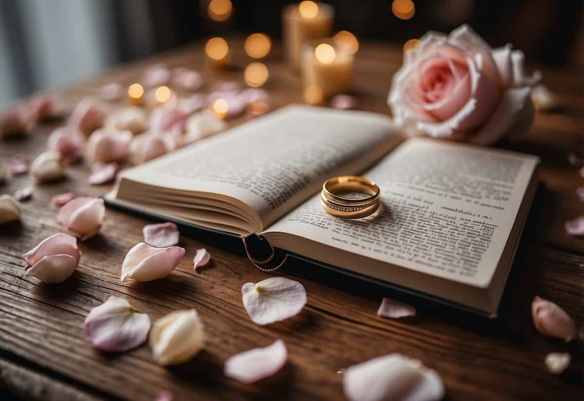 A wedding photo album sits on a wooden table, surrounded by scattered rose petals and a pair of intertwined wedding bands