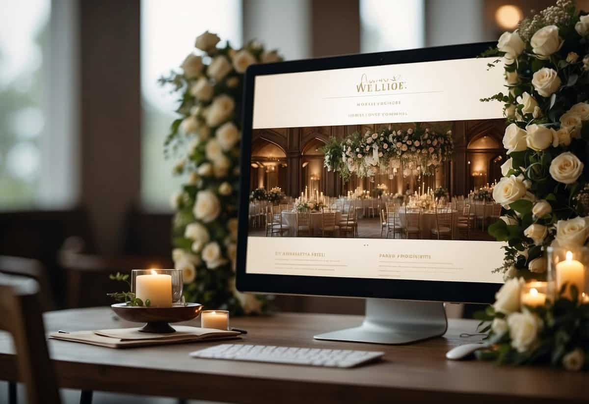 A wedding website with a warm welcome message displayed on a screen, surrounded by elegant floral decorations and romantic lighting