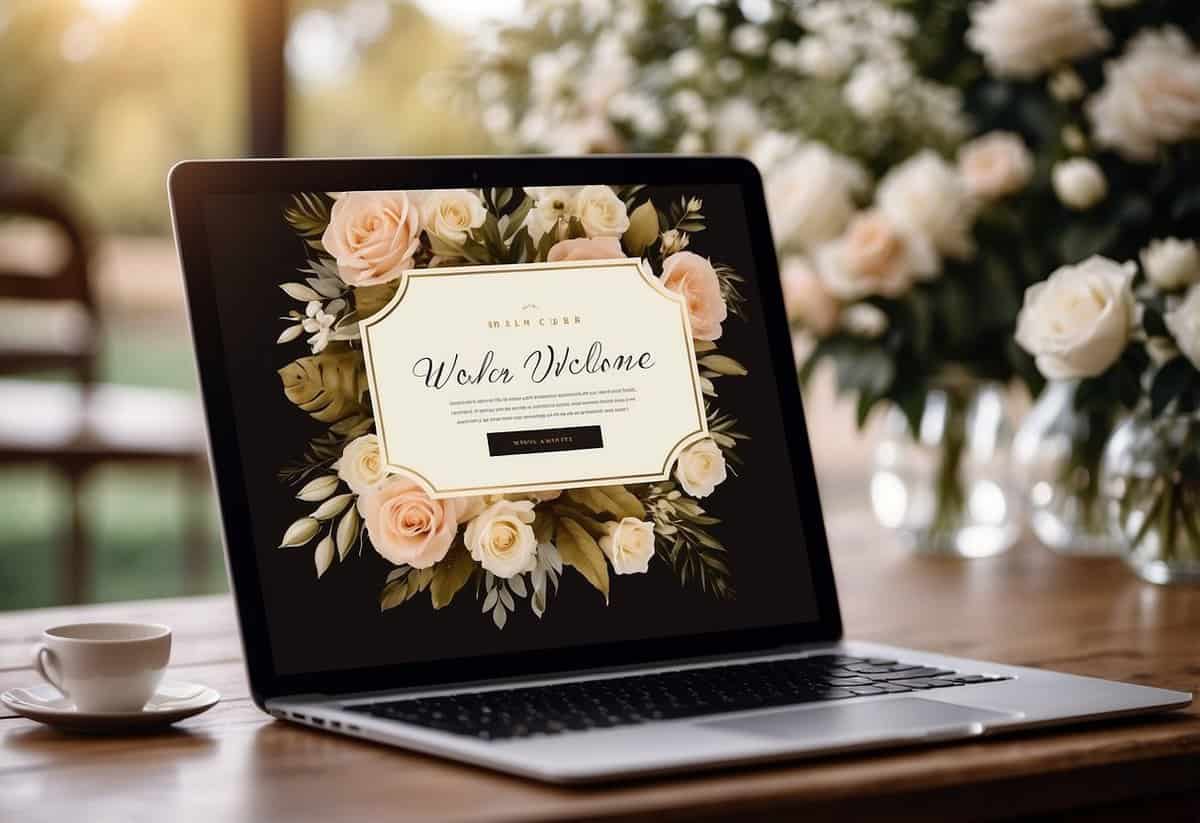 A wedding website with a warm welcome message, surrounded by elegant floral decorations and a romantic color scheme