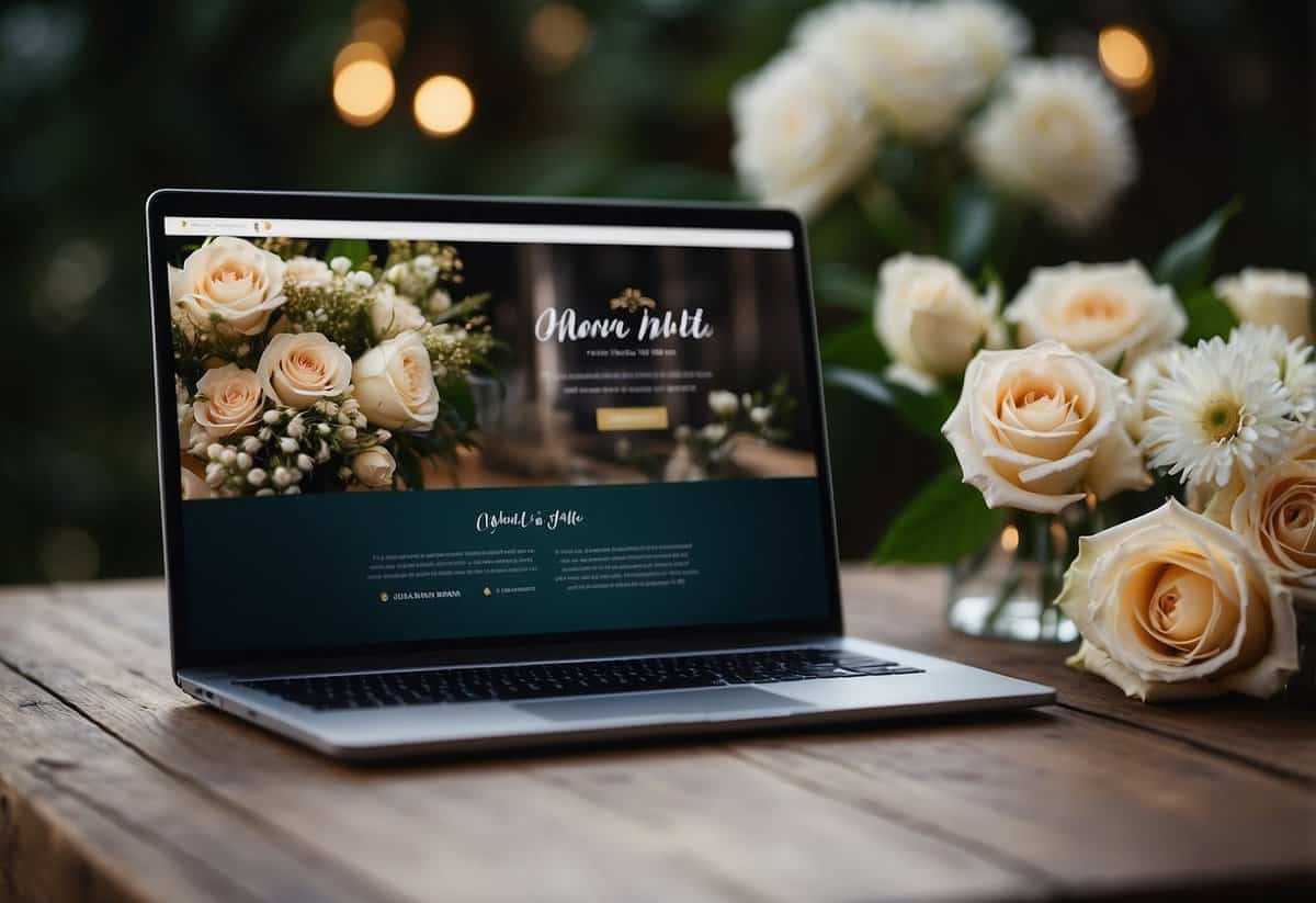 A laptop screen displaying a wedding website with a warm and inviting welcome message. The background features elegant and romantic design elements, such as flowers and wedding rings